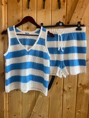 Double Zero Blue & White Striped Knit Tank and Drawstring Shorts Set, Medium